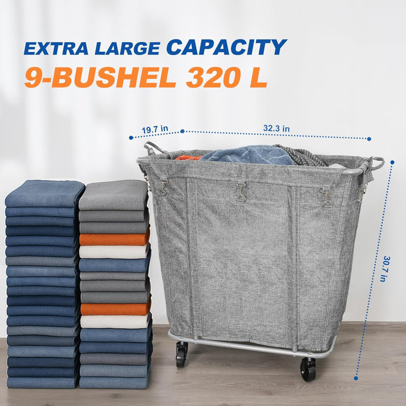 Laundry Cart With Wheels 320L Large Rolling Laundry Cart For Commercial/Home, Rolling Laundry Basket With Steel Frame And Waterproof Lining, 9 Bushel, 32.3L X 19.7W X 30.7H Inch