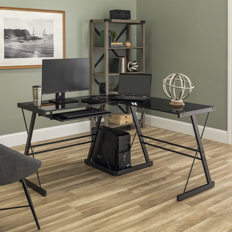 Wendell L-Shaped Glass Top Metal Base Computer Desk, Black / Black Glass