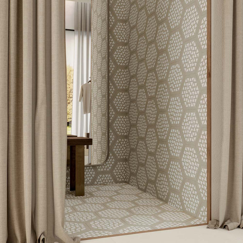 Handmade 9X10 Hexagon Intarsio Pattern Porcelain Tile, Beige