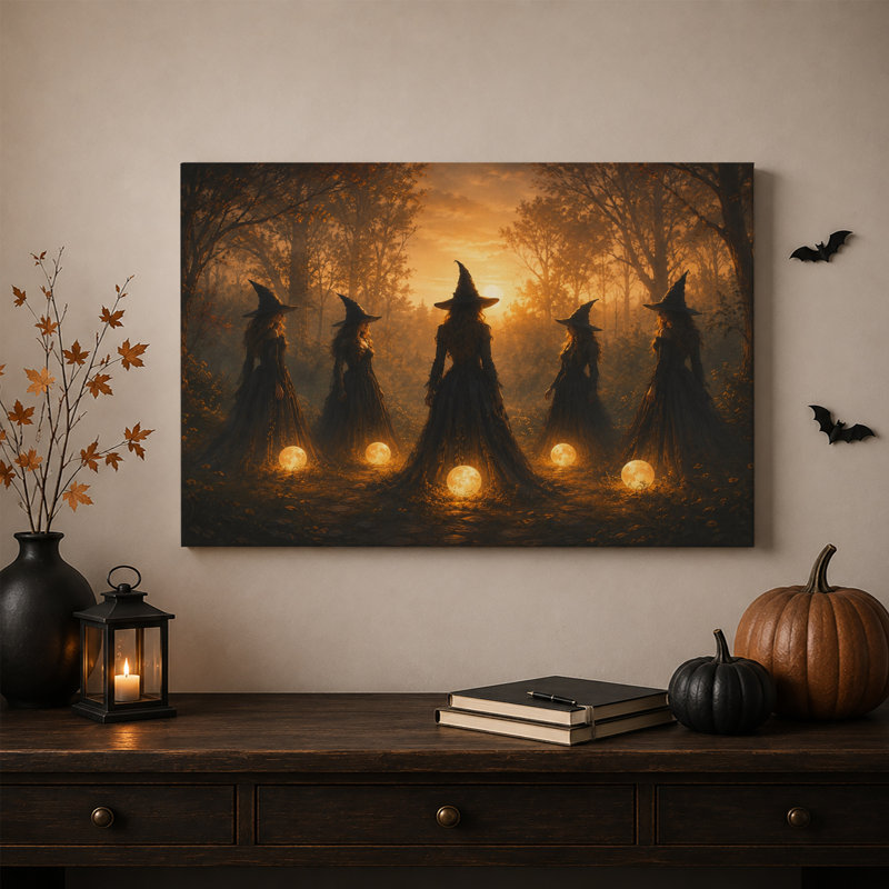 Art mural sur toile, "Cinq sorcières dans la forêt dorée avec lune brillante", H 20 po x l 30 po