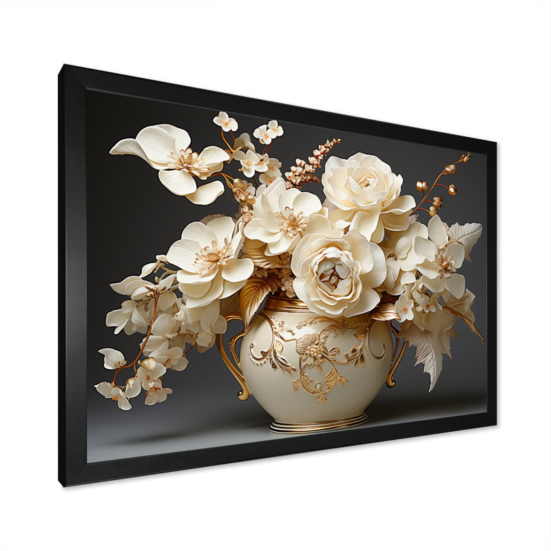 Impression sur toile Baroque Hydrangea blanc et or VII - Hydrangea, H 16 po x l 32 po x P 1 po, Cadre simple noir
