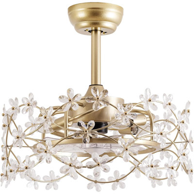 Ventilateur de plafond 20 "avec lumière Fandelier Gold, ventilateur de lustre en cristal fleur avec lumière et télécommande, cage moderne fermée à 6 vitesses pour chambre de fille, chambre de bébé, salon