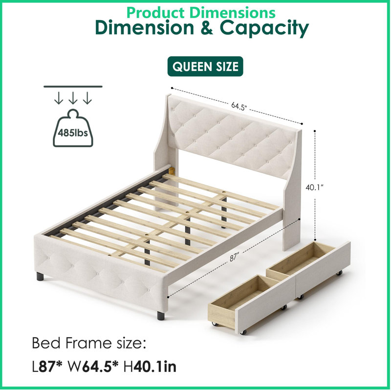 Structure de lit grand avec tête de lit et 4 tiroirs - plateforme en métal silencieuse, structure en bois d'hévéa gris carbone
