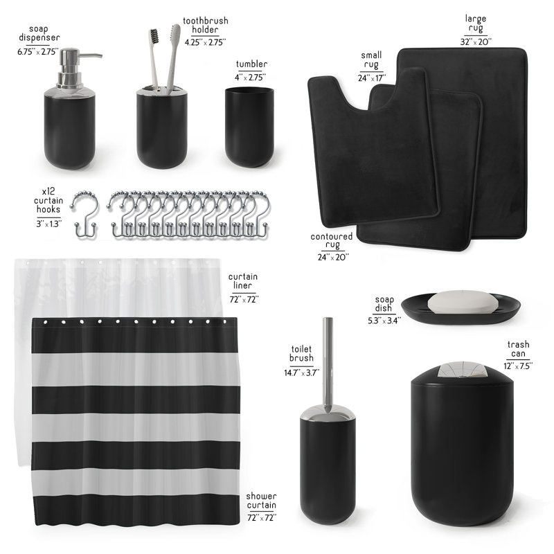 Complete 23 Piece Bathroom Accessory Set with Bath Rugs, Shower Curtain Set, Liner, and Hooks, Black