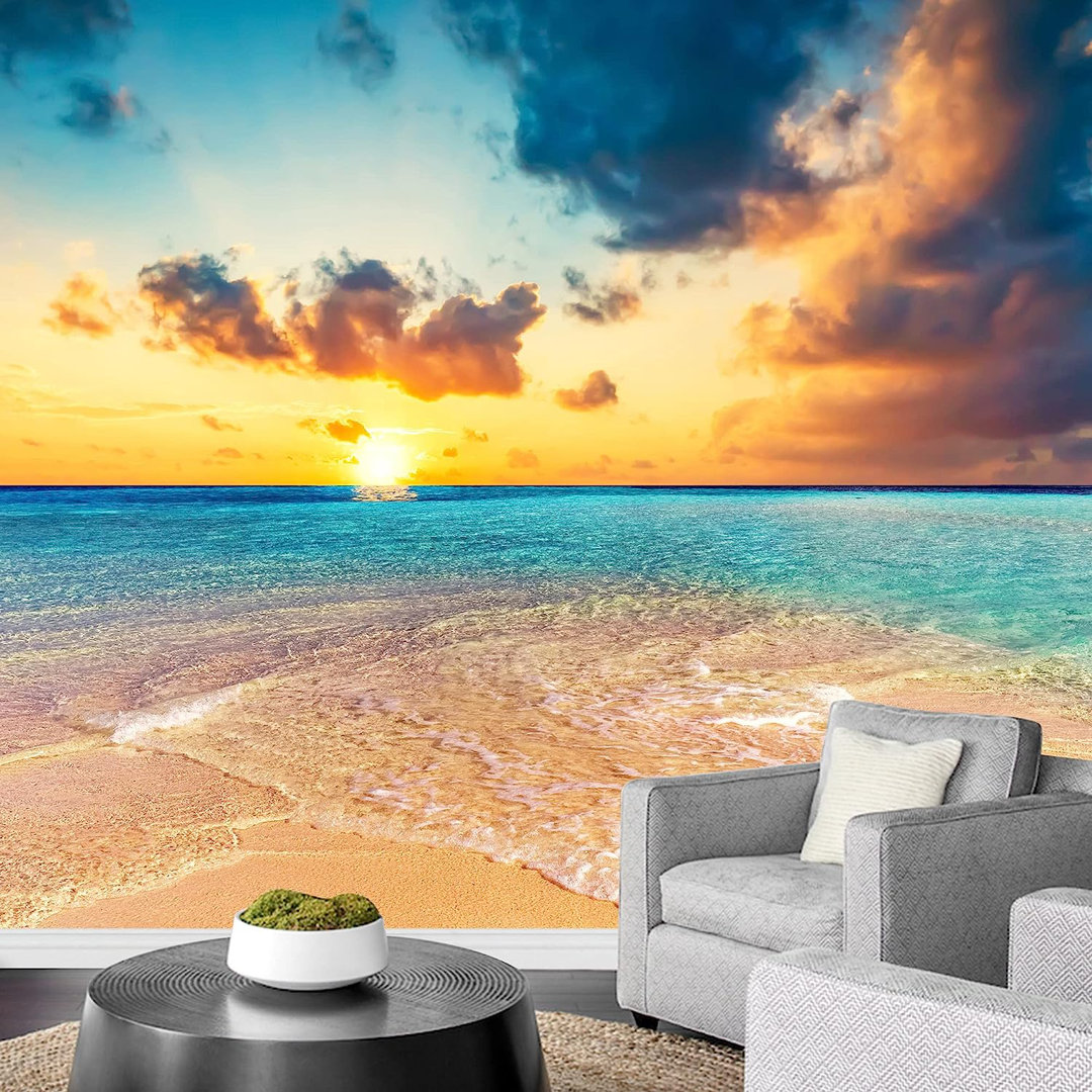 Vibrant Tropical Island Sunset Beach Paintable Wall Mural IDEA4WALL 