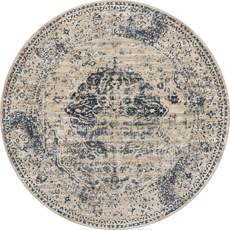 Arkeen Oriental Dark Blue/Beige/Ivory/Gray Area Rug, Round 6'1"