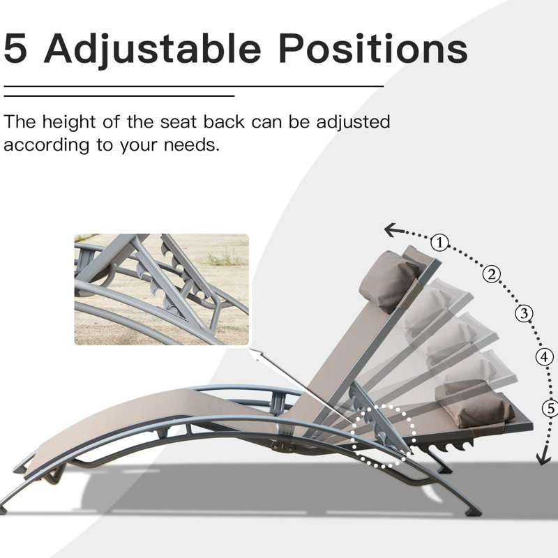 Chaise longue d'extérieur 2 - Coussin réglable et amovible. Cadre en aluminium, rouille. . 5 angles. Kaki pour la plage, rouille inclinable au bord de la piscine, coussin détachable, décontractant