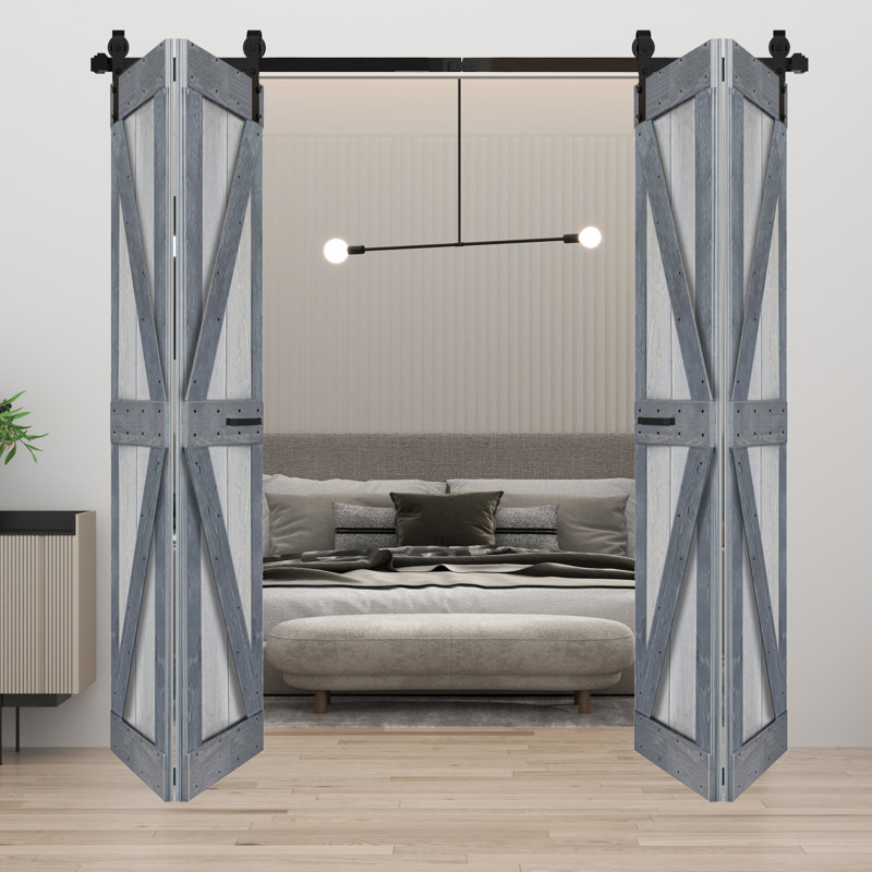 Porte de grange double pliante en bois massif de style K avec ensemble de quincaillerie - Assemblage requis, 72 po x 84 po