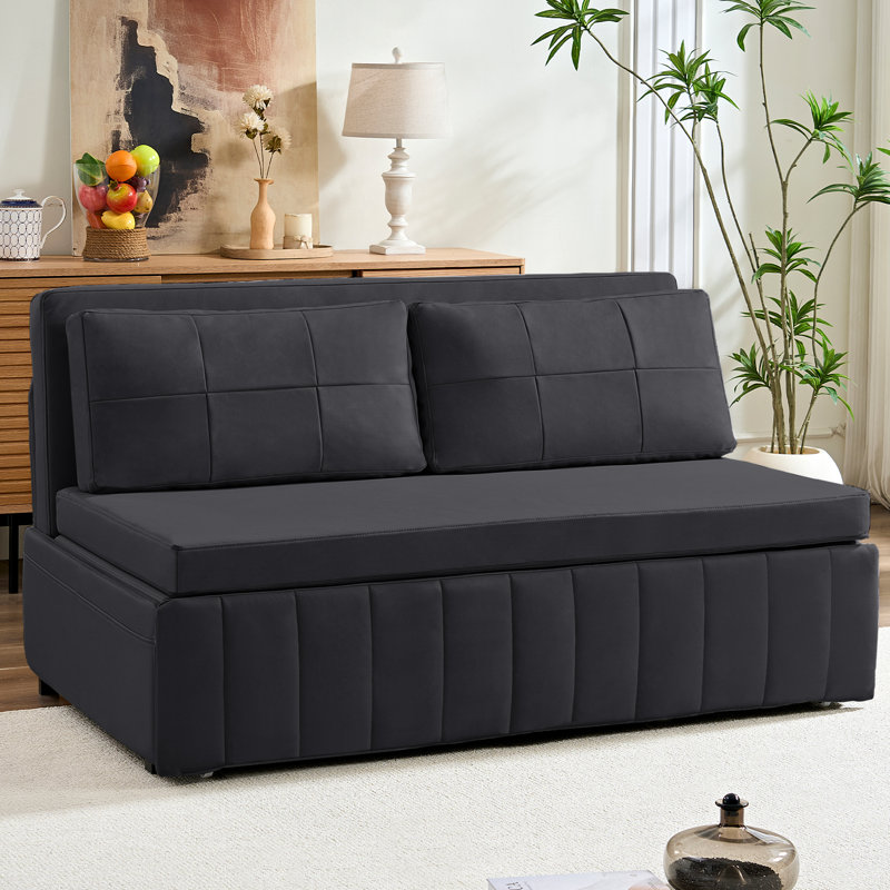  Ebern Designs Small Loveseat 3-in-1 Pull-Out Sleeper Sofa Bed with Throw Pillows, Dark Gray