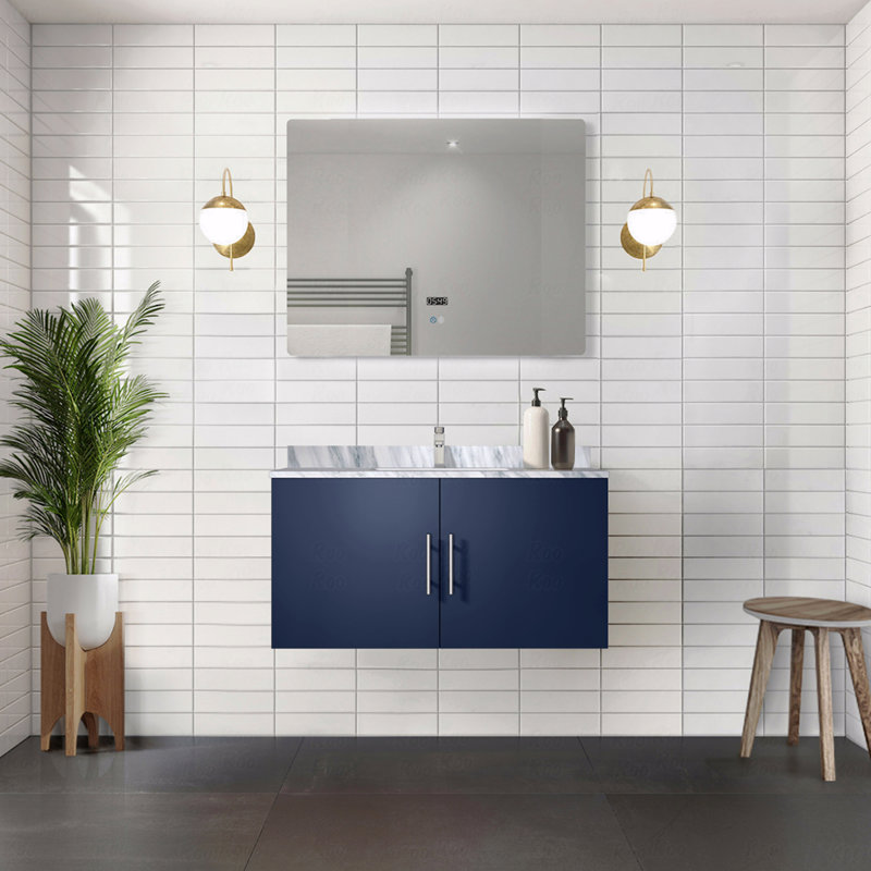 Ensemble de meuble-lavabo simple 36 po x 22 po avec plateau en marbre de Carrare et robinet, Bleu, 36"