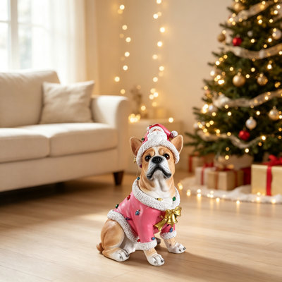 Charmante statue de bouledogue français de Noël en tenue de père Noël rose, parfaite pour la décoration festive
