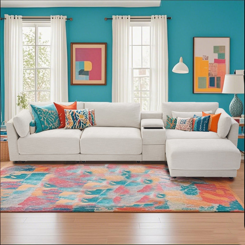 124" Chenile Sectional Modular Couch With With Storage Console And Movable Ottoman,Convertible L Shaped Sofa Couch With USB Charger For Living Room