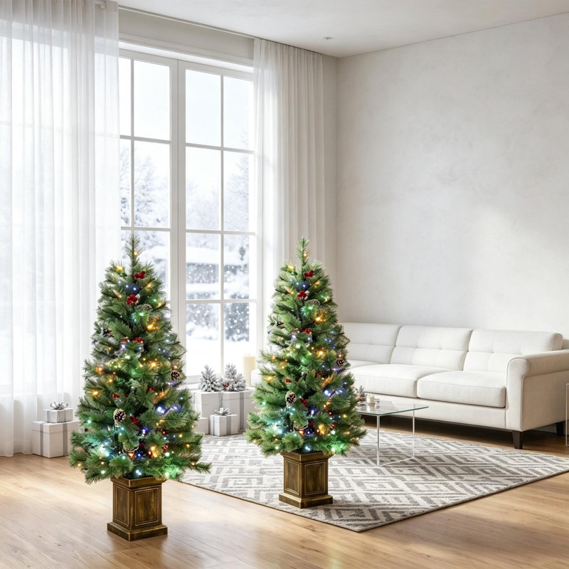 Ensemble de 2 sapins de Noël artificiels en pin de 1,20 m préilluminés avec lumières DEL bicolores et télécommande pour la décoration intérieure