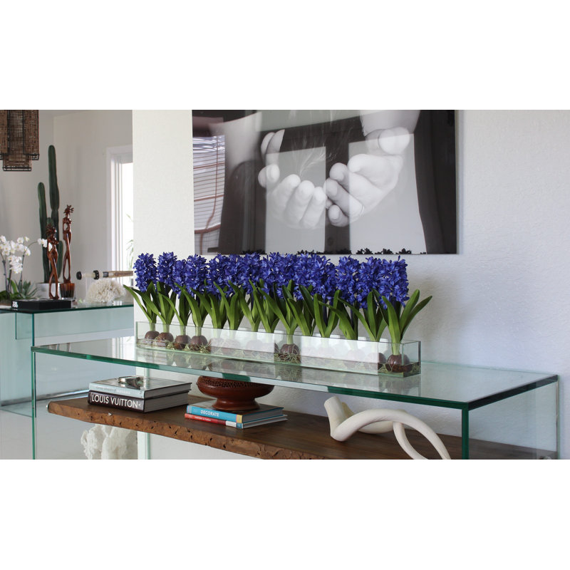 Orchids Centerpiece in Glass Planter, Blue, 16" H x 48" W x 4" D