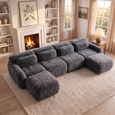  149" Oversized Modular Sectional Sofa with Ottoman, Comfy Plush Fabric 4 Seater Boneless Couch with Non-Slip Bottom & Pillow, L Shape Deep Seat Couches for Living Room, Apartment, No Assembly Required