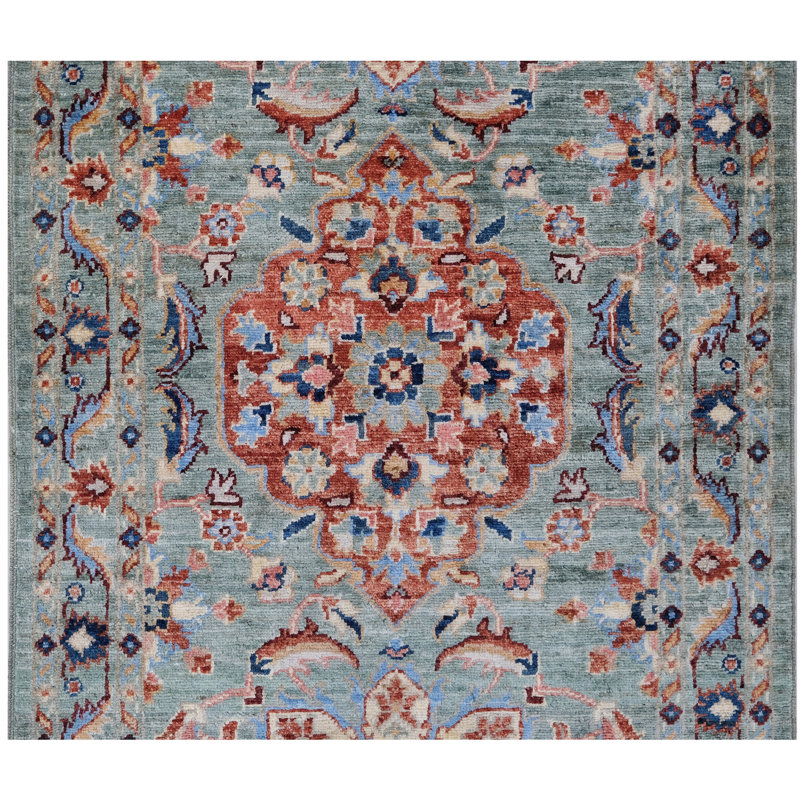 Hand Knotted Wool Area Rug in Green