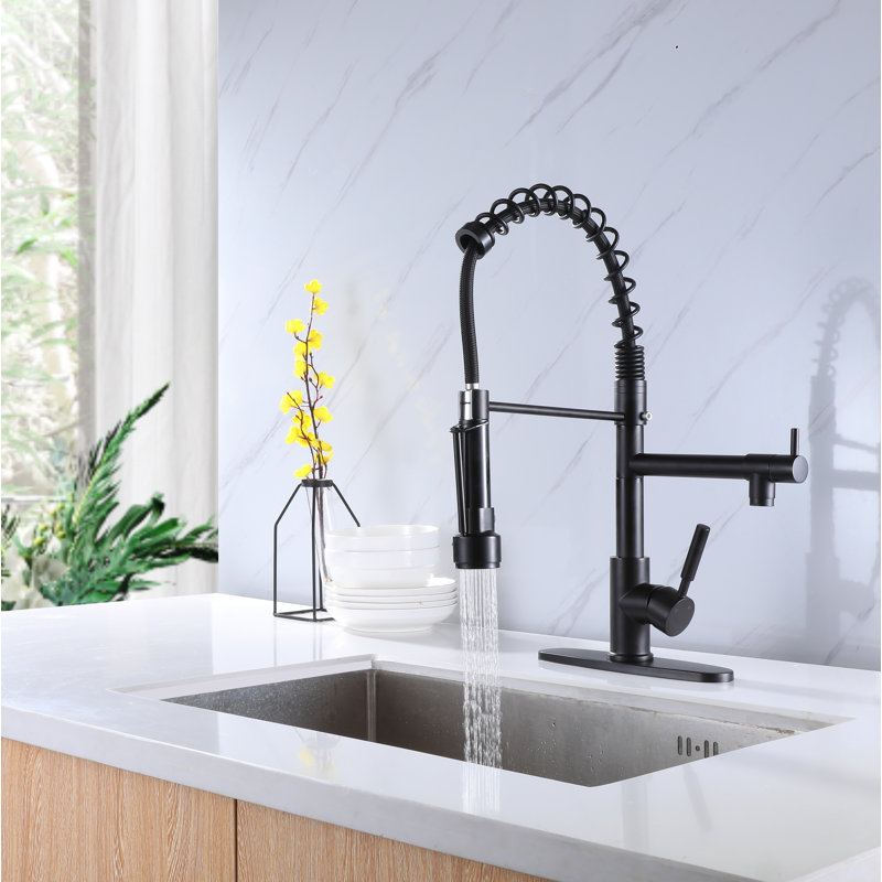 Robinet de cuisine noir mat avec poignée simple avec plaque de pont et verrou de bec, Noir mat