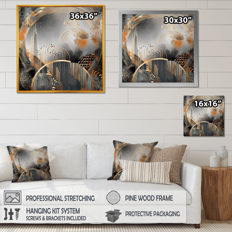 Or et gris, formes modernes, minimalisme IV - décoration murale abstraite, H 30 po x l 30 po x P 1,5 po, Cadre flottant noir