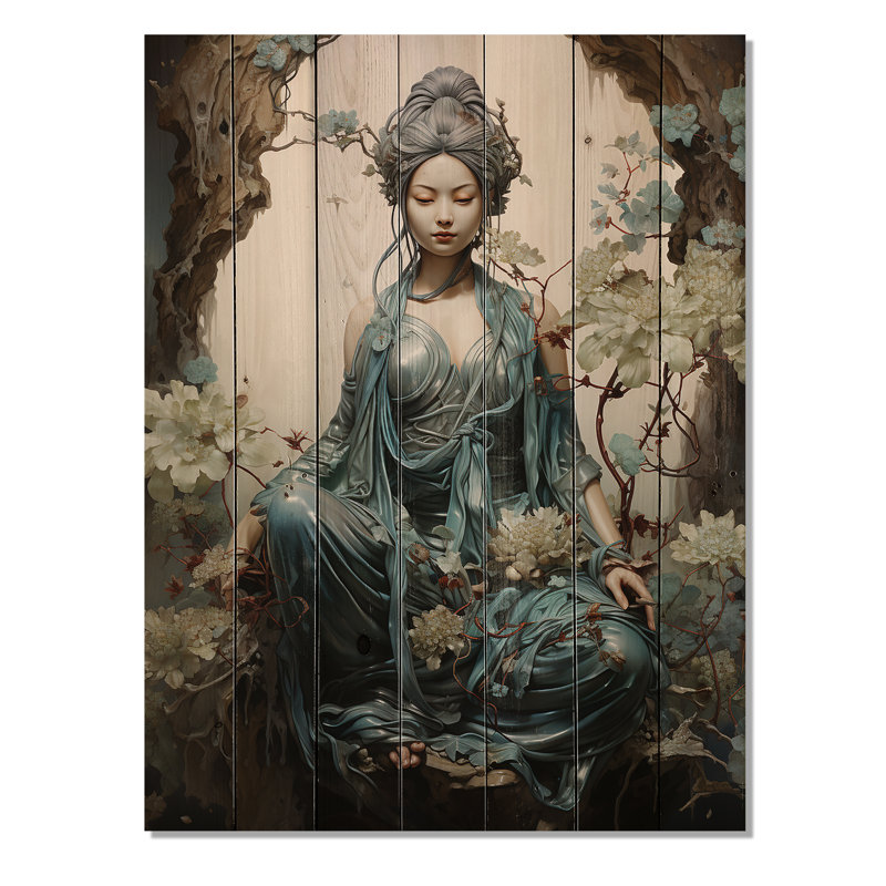 Art bouddhiste sarcelle beige Bodhisattva Compassion - impression bouddhiste sur bois de pin naturel