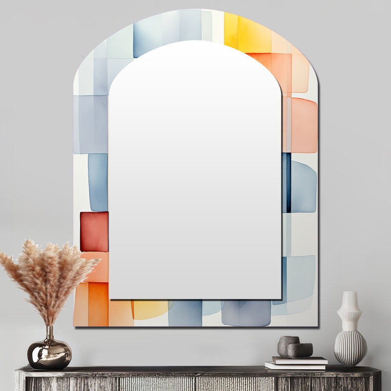 Multicolor cubes patterns V - Geometric Asymmetrical Mirror, Blue Arch Decorative Wall Mirror, Printed Metal Art, 43" x 33"
