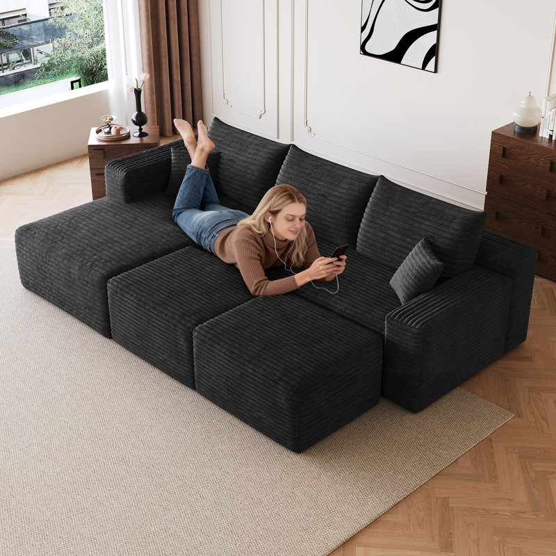 Canapé modulaire 95 po avec 2 repose-pieds Cloud, coussins rembourrés minimalistes modernes, canapé en U confortable pour le salon, canapé d'angle à assise profonde, aucun assemblage requis, noir (tissu en velours côtelé moelleux)
