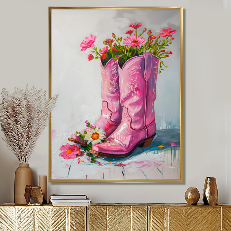 Fleurs roses, bottes de cow-boy, H 32 po x l 24 po x P 1 po, Toile avec cadre flottant or
