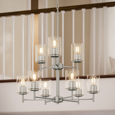 Replay Collection 9-Light Brushed Nickel Chandelier with Clear Glass Shades