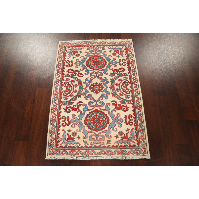 Tapis rouge / beige / bleu en laine noué à la main à motif géométrique 2 pi 8 po x 4 pi