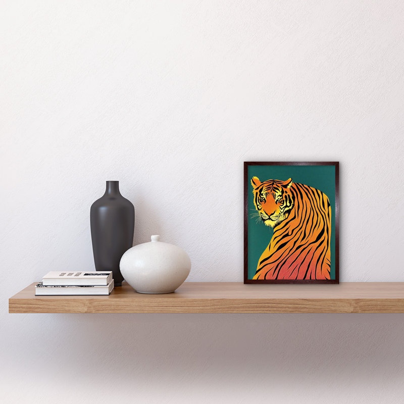 Modern Tiger Portrait Teal Orange Bold - No Frame Rectangle Print, Brown Framed Paper, 25.9cm H x 20.6cm W x 1.5cm D