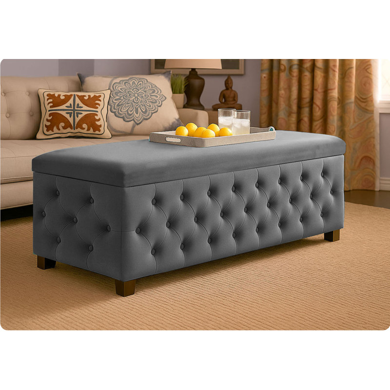Empire Wide Chesterfield Rectangle Solid Color Standard Ottoman Storage Bench, Plush Velvet Upholstered Coffee Table with Legs