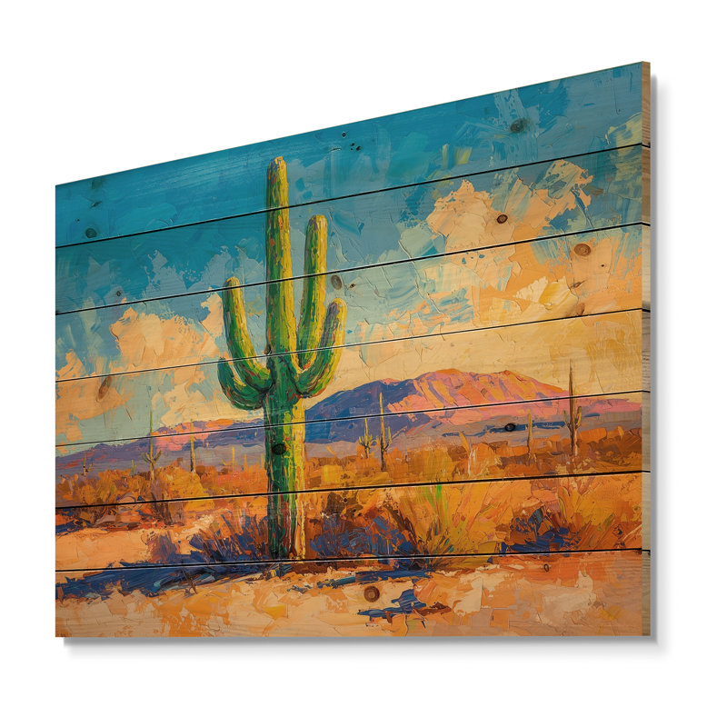 Saguaro dans la lumière dorée II - décoration murale en bois de cactus floral - sur bois de pin naturel