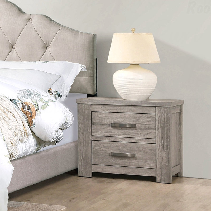 Rustic Light Grey Solidwood 2-Drawer Nightstand, 1pc Simple Bedroom Bed Side Table