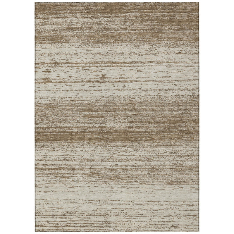 3' X 5' Brown And Beige Striped Washable Indoor Outdoor Area Rug