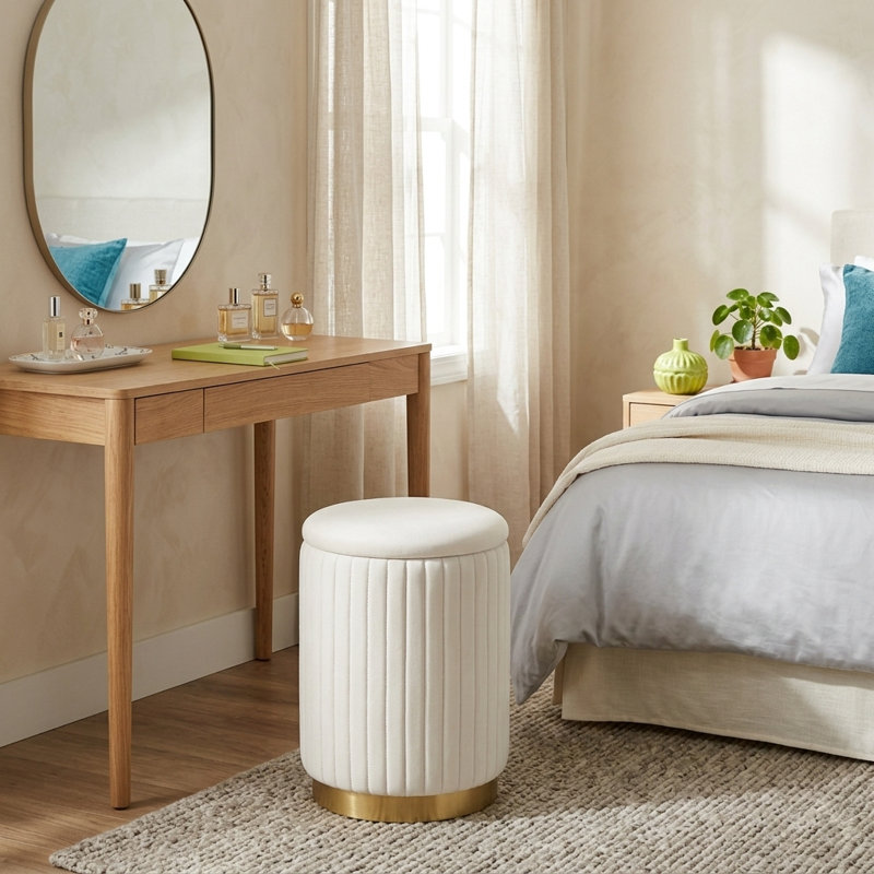 Round Ottoman Vanity Stool with Storage, White