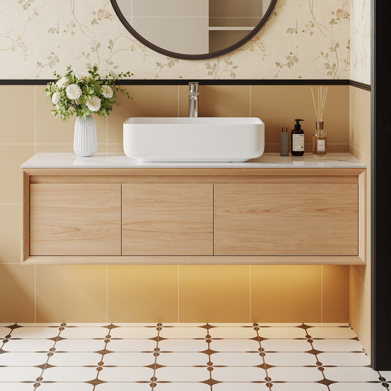 48" Marble Top Single Bathroom Walnut Wood Vanity with Black Ceramic Basin, Light Oak