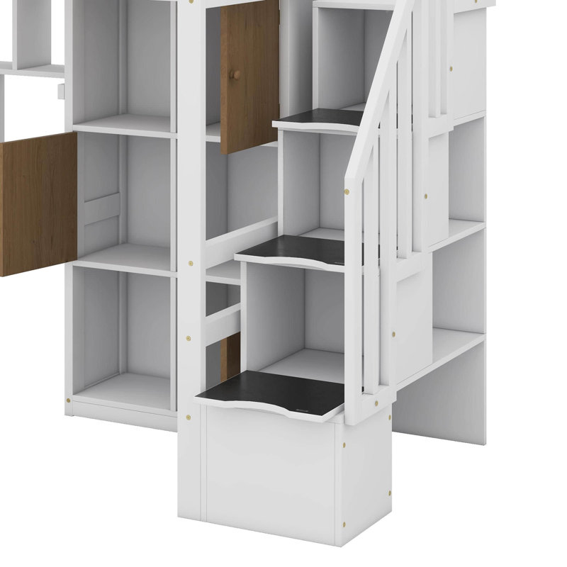 Lit mezzanine simple en bois avec bureau intégré, DEL, tablettes de rangement, armoires et escalier, Blanc