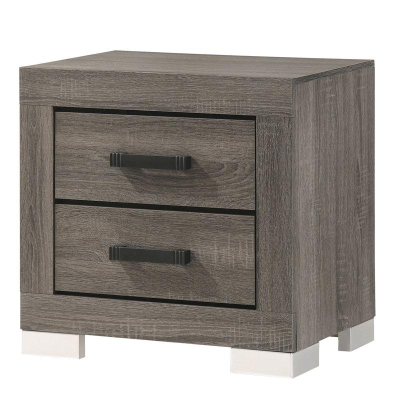 Ensemble de chambre à coucher grand lit en bois gris avec tête de lit à chevrons, commode, miroir, commode et table de chevet