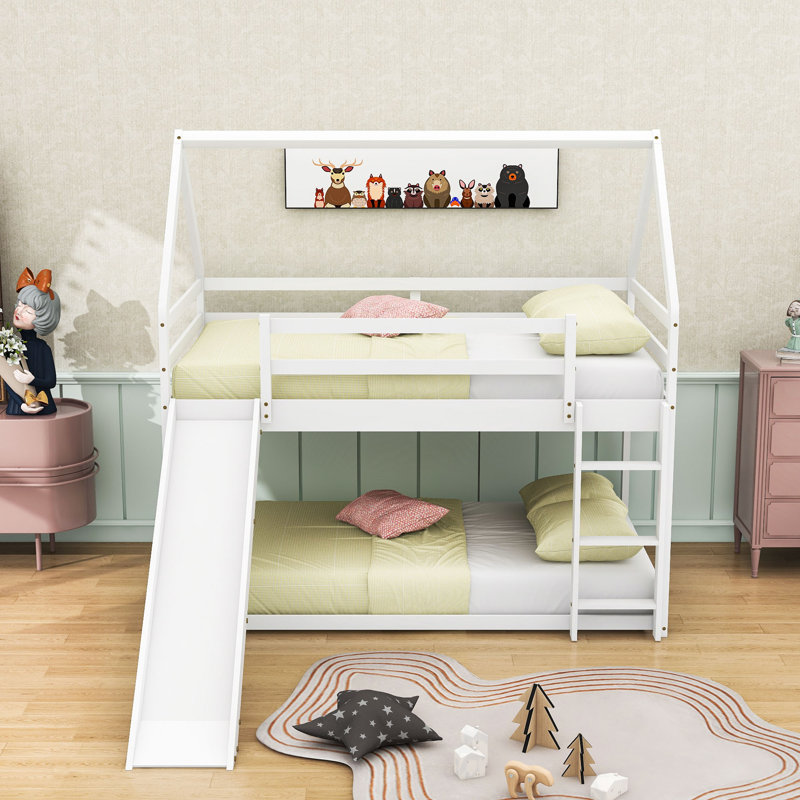 Wood Twin Over Twin House-Shaped Bunk Bed With Slide,  Ladder And Guardrails, Reversible Design, White