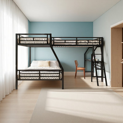 Twin Over Full Bunk Bed With A Twin Size Loft Bed Attached, With A Desk, Metal