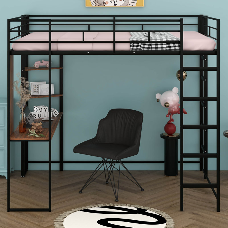 Lit mezzanine en métal avec 2 tablettes et un bureau, Complète, Noir