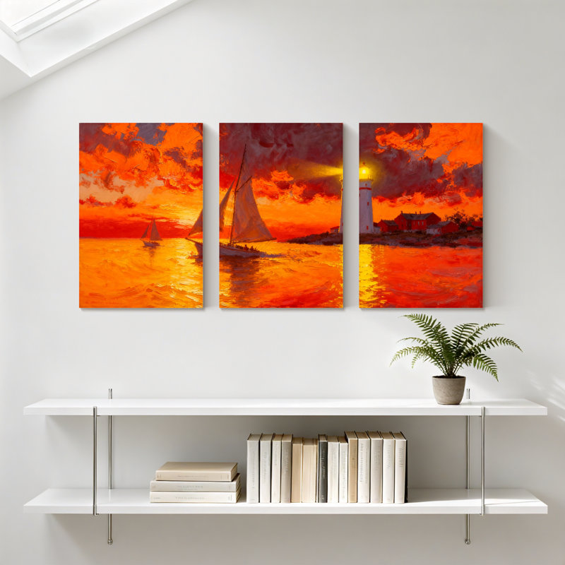 Nautique voilier coucher de soleil phare océan ciel reflets couleurs ensemble de 3 impressions sur toile, H 24 po x l 48 po