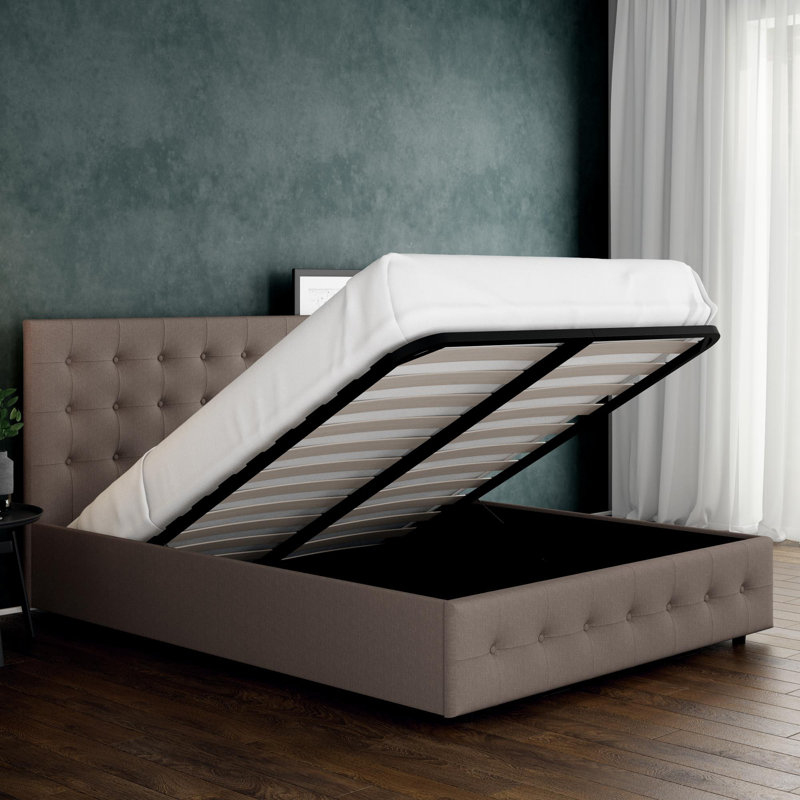 Lit plateforme tapissier capitonné en bois massif avec rangement Morphis, Lin gris, Grand