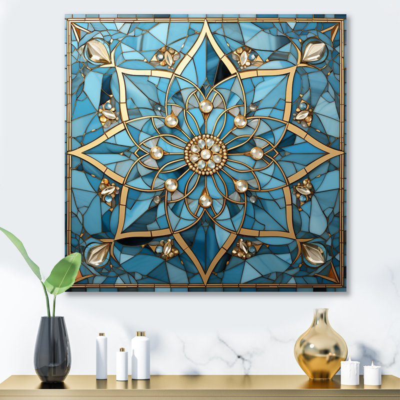 Art mural en métal bleu et or, mandala I, H 36 po x l 36 po
