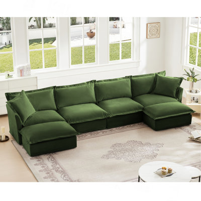 Slipcovered U Shape Sectional Wide And Deep Seat Sofa Couch, 4 Seater Sofa With French Edges Design Multiple Big Pillows, Soft Deep Seat Comfy Cloud Couch For Living Room, Apartment, Chenille Fabric