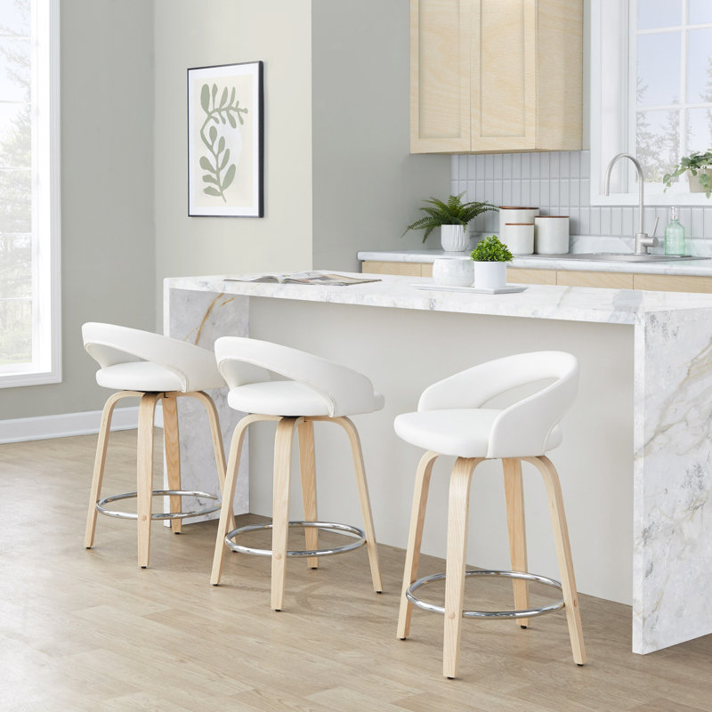 Tabouret de comptoir contemporain, Blanc, Naturel / Argenté