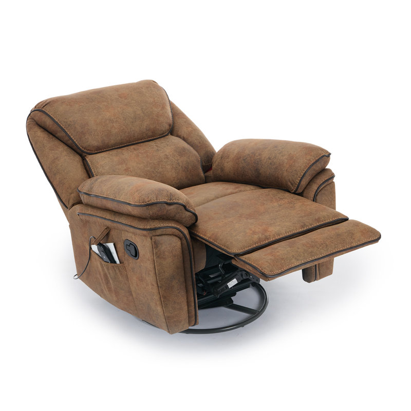 38.5" W Leather Swivel Recliner Chair with Massage and Heating, Brown