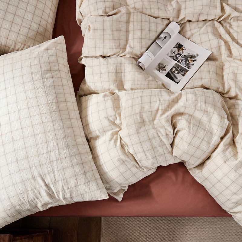 Off White Plaid Duvet Cover Set Queen Size, 100% Cotton Duvet Cover Linen-Like, Off White Checkered Bedding Set with Hidden Zipper and 8 Corner Ties, 3 Pieces Soft Breathable Preppy Plaid Bedding Set