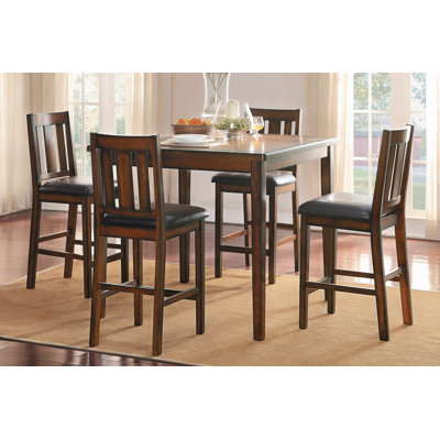 Counter Height 5Pc Dining Set Tabe And Counter Height Chairs Set Faux Leather Upholstered Seat Wooden Dining Kitchen Furniture