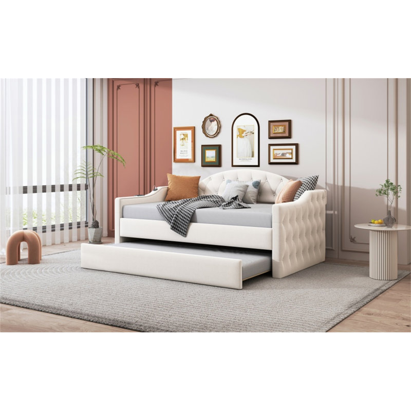 Lit de jour capitonné capitonné avec couchette, Beige