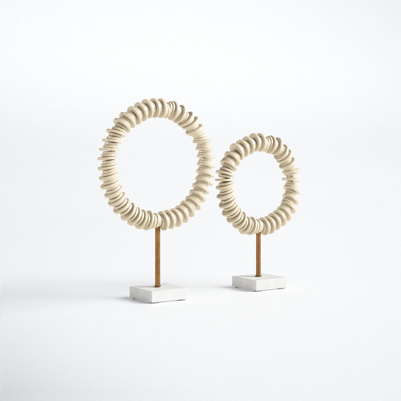 Cream Resin and Brass Ring Sculptures with Marble Base, Set of 2